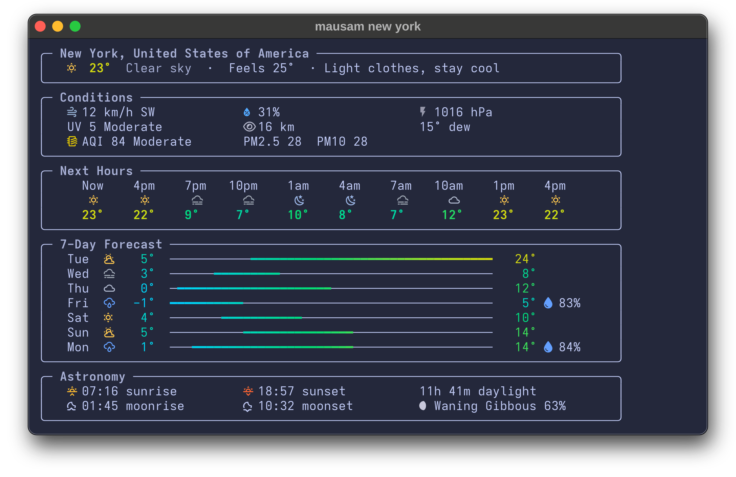 mausam — terminal weather output: city header, conditions, hourly, 3-day forecast, astronomy